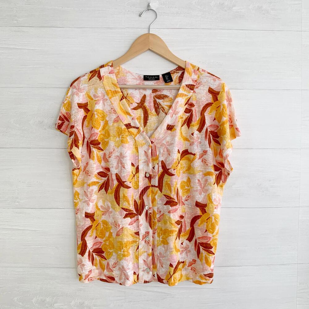 Tahari - Yellow pink floral v-neck button front short sleeve linen top, L